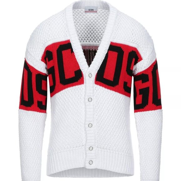 NWT $499 Auth GCDS Logo White/Red/Black Women/Men Relaxed Cardigan Sweater Sz S - Picture 1 of 6